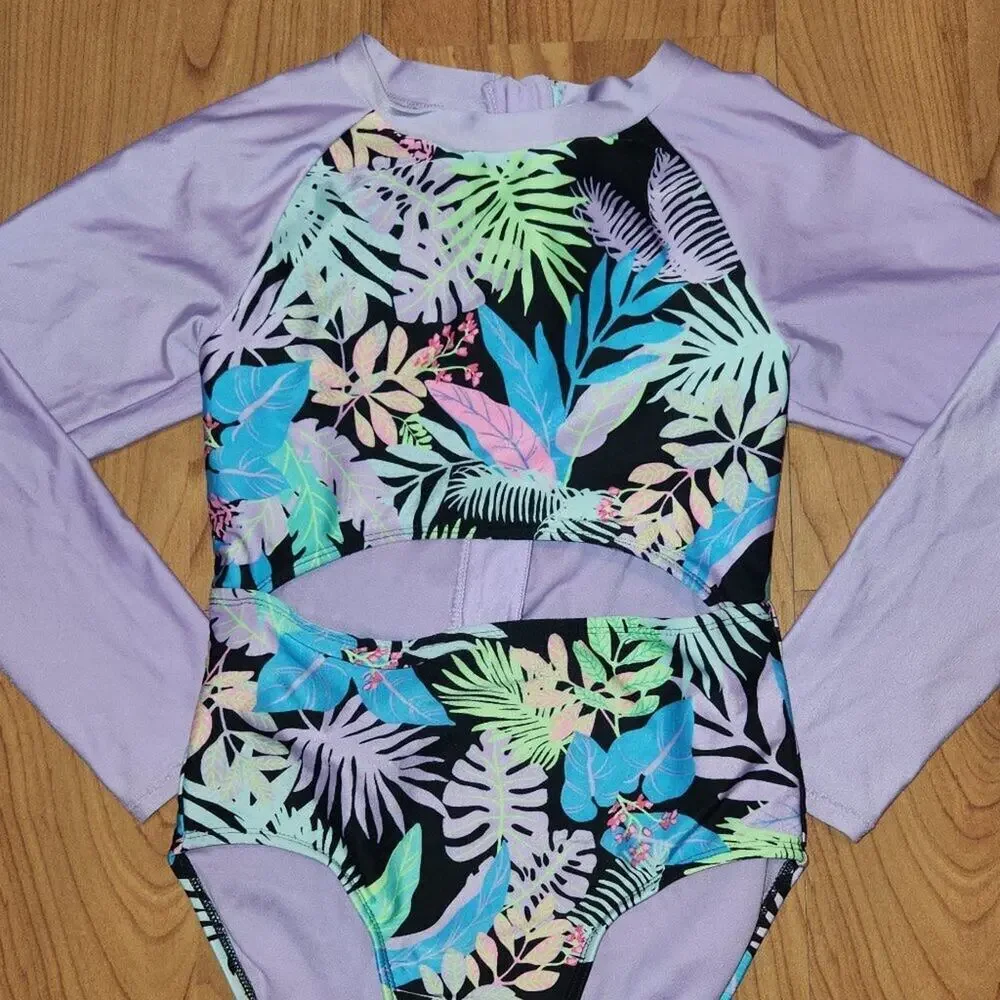 Girls' 'Just Vibing' Long Sleeve One Piece Rash Guard Large 10/12